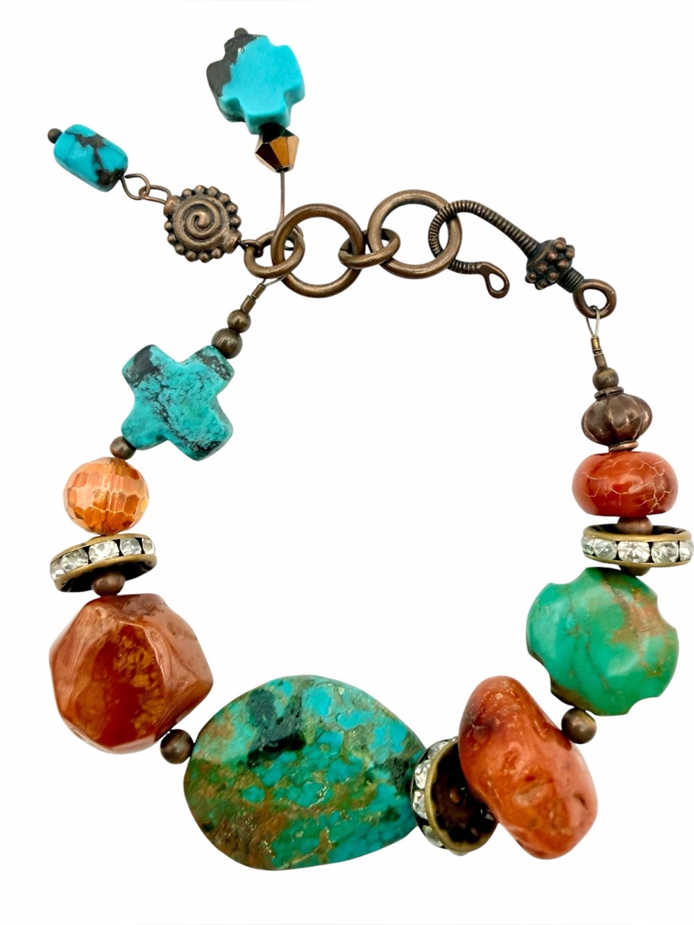 Artisan Made Southwestern Boho Chunky Turquoise Carnelian Czech Glass Copper Bra